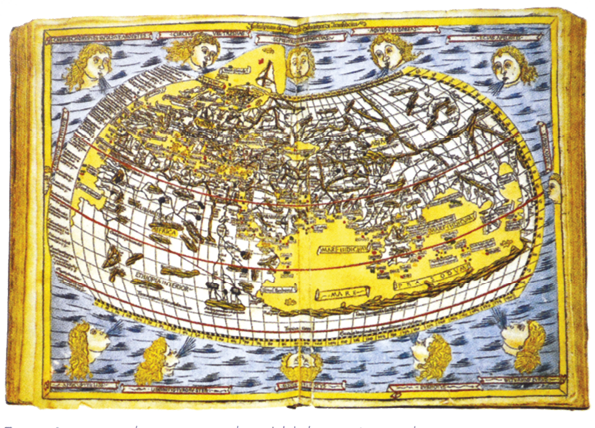 ‘Een dertiendeeeuwse kaart met als middelpunt Jeruzalem. Het idee van een platte aarde bestond al lang en het was ook de opvatting van de kerk,’ volgens Geschiedenis geven. De kaart stamt uit 1482.