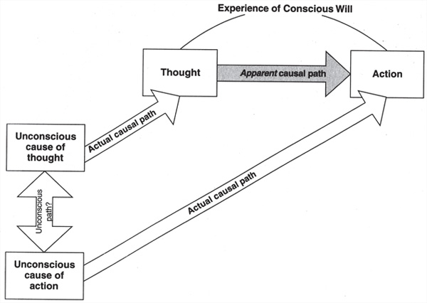 Het veronderstelde causale verband tussen gedachten en handelingen wekt volgens Wegner een wilservaring op.