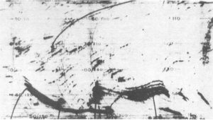 Sonarkaart met onderaan twee grote objecten, 1972.
