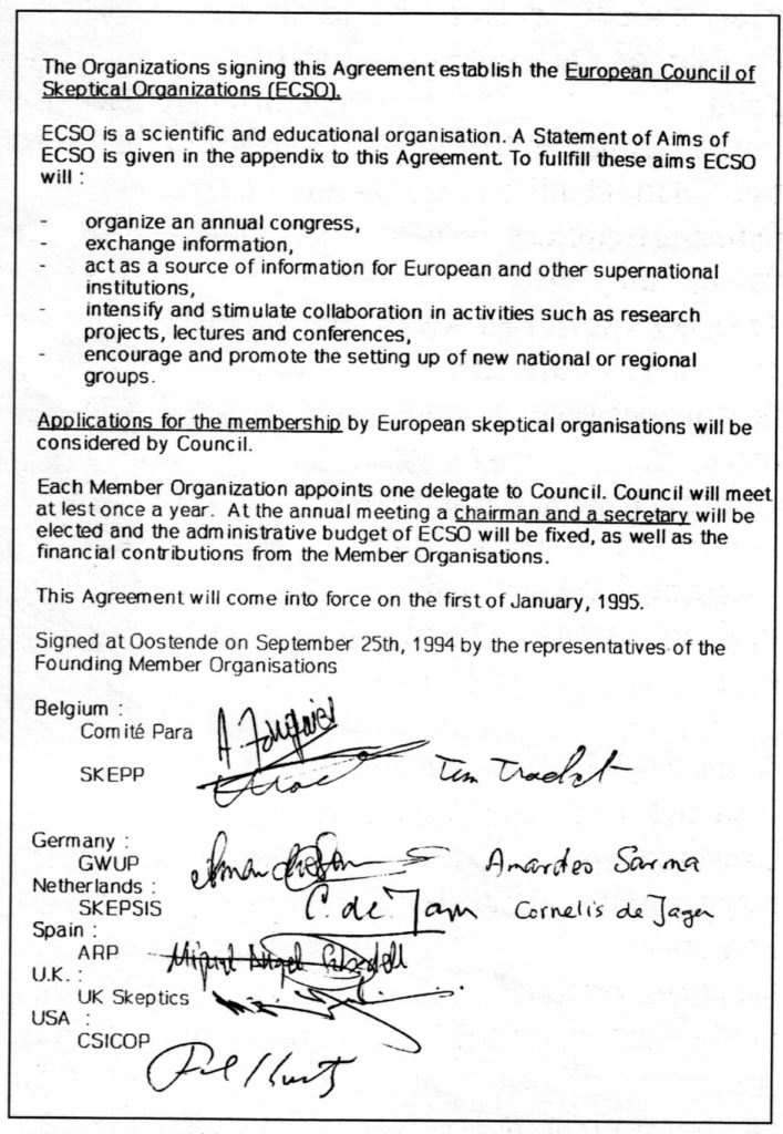 Agreement to establish the European Council of Skeptical Organizations (ECSO).